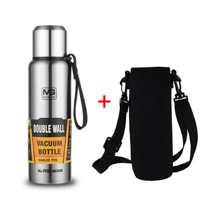 gourde isotherme couleur acier avec sac